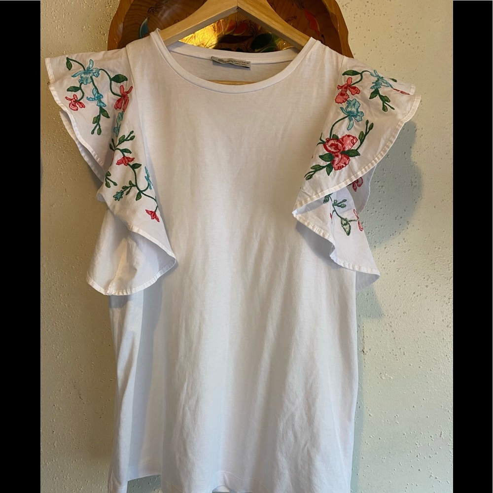 ZARA Basic Collection Ruffle Sleeve Top Size M - Picture 1 of 4